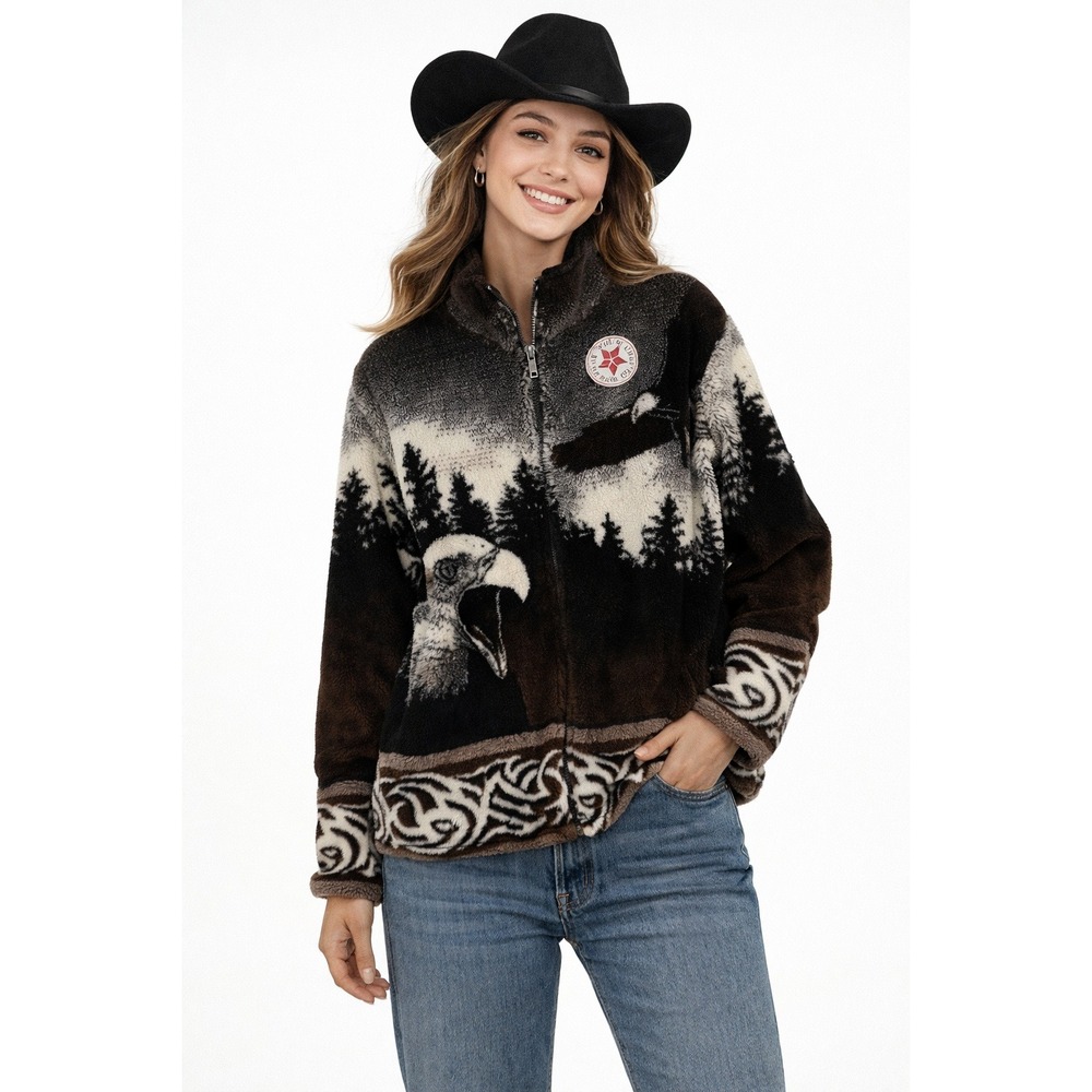 Black Mountain New Vintage Fleece Jacket Eagle Forest Print‎ Made USA M